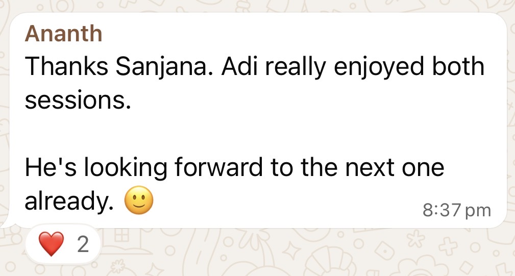 Parent message from Ananth about Adi enjoying both sessions