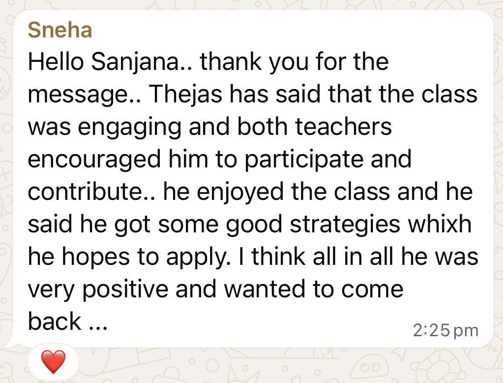 Parent message from Sneha about Thejas finding the class engaging