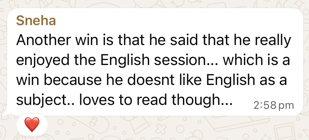 Parent message from Sneha about her son enjoying English sessions
