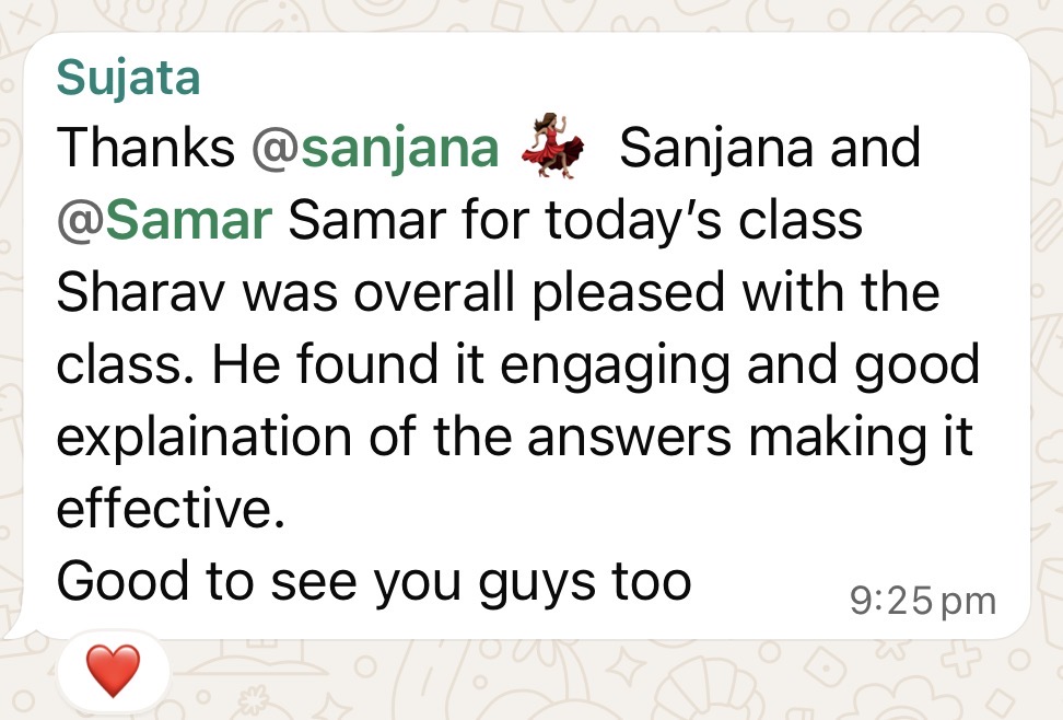 Parent message from Sujata about Sharav finding the class engaging