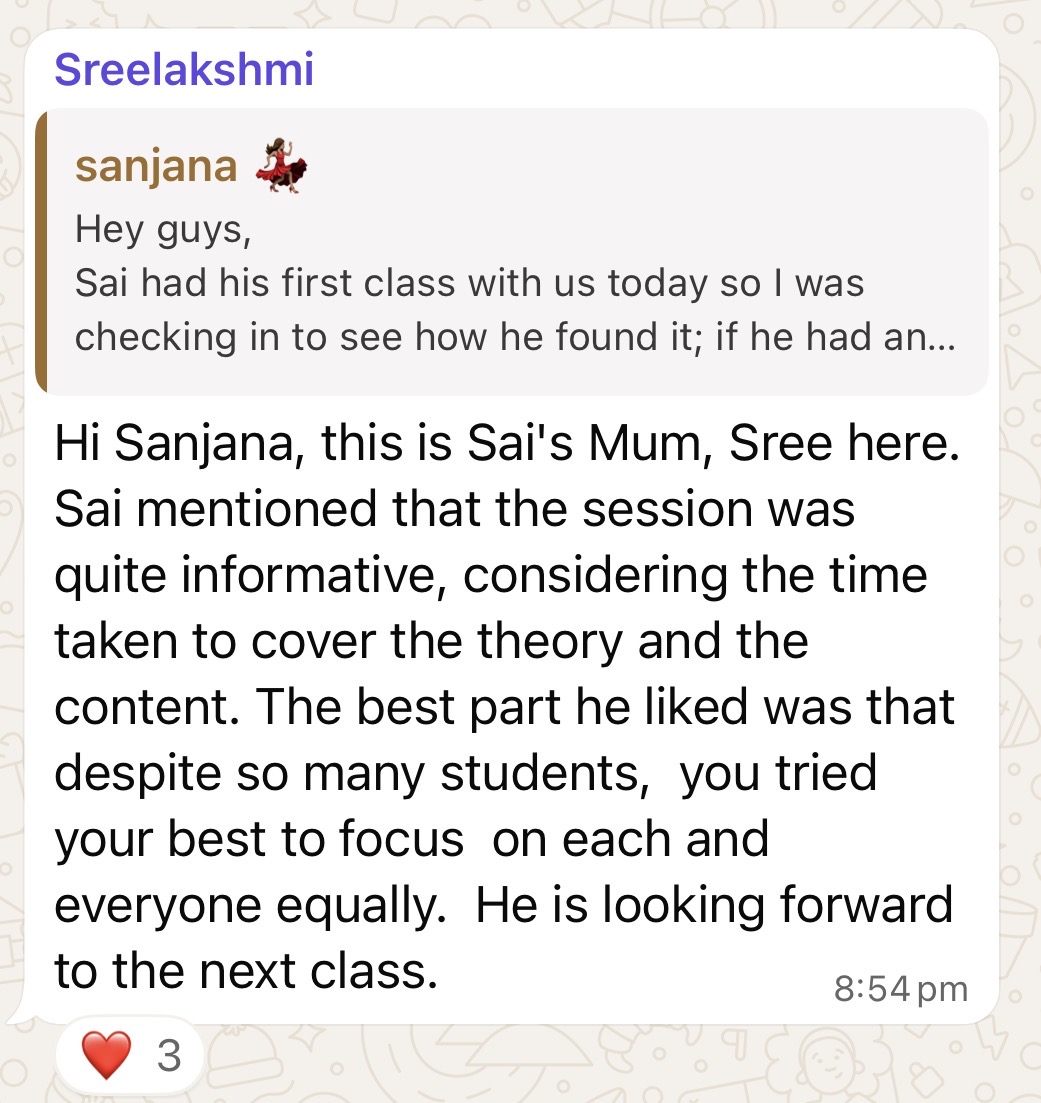 Parent message from Sreelakshmi about Sai's first informative session